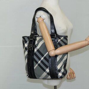 BURBERRY Nova Check Tote Bag PVC Enamel Gray Black Auth 111120